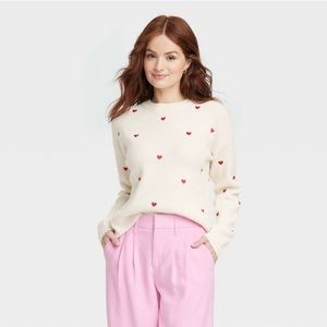 Women's Crewneck Pullover Valentine's Day Sweater A New Day Cream/Red Hearts XS